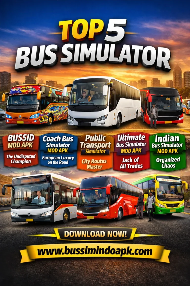 Top 5 Bus Simulator MOD APK Games You Should Download in 2026 1 Bus Simulator Indonesia MOD APK gameplay showing customized PO Haryanto bus on Jakarta highway